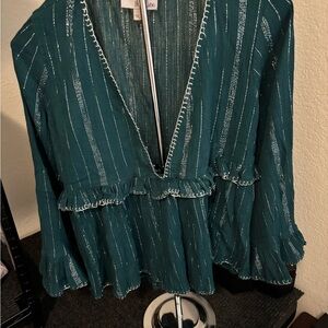 Teal Striped Blouse with Ruffle Details